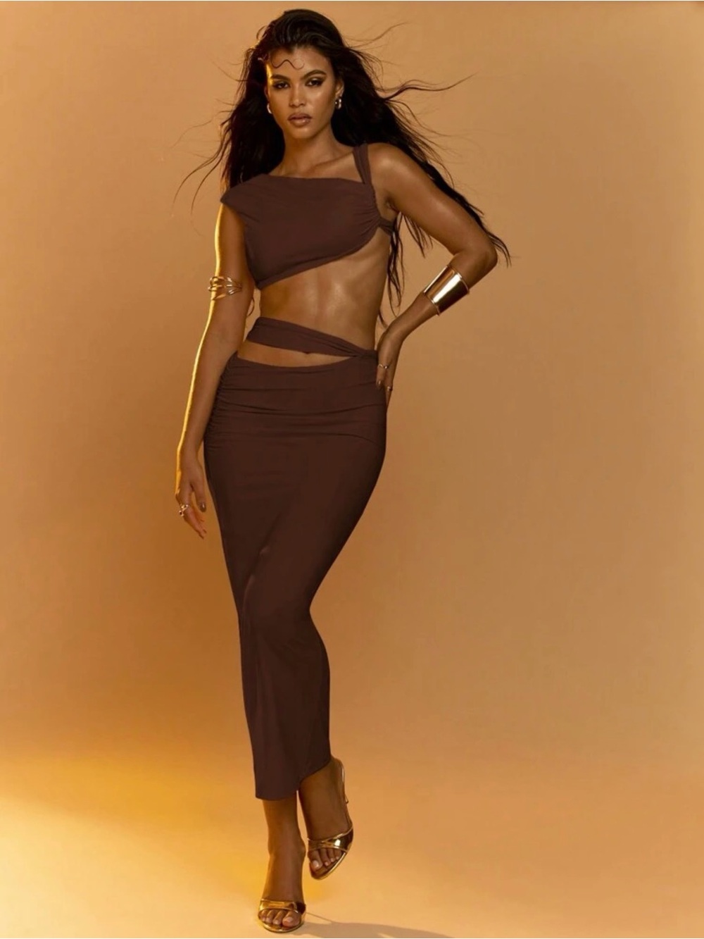 Missguided Chocolate Brown Asymmetric Cutout Maxi Skirt Set
